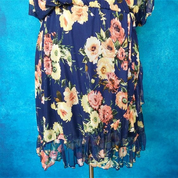 NWT AVLN Navy Floral Faux Wrap Mesh Dress 3X - Picture 3 of 9